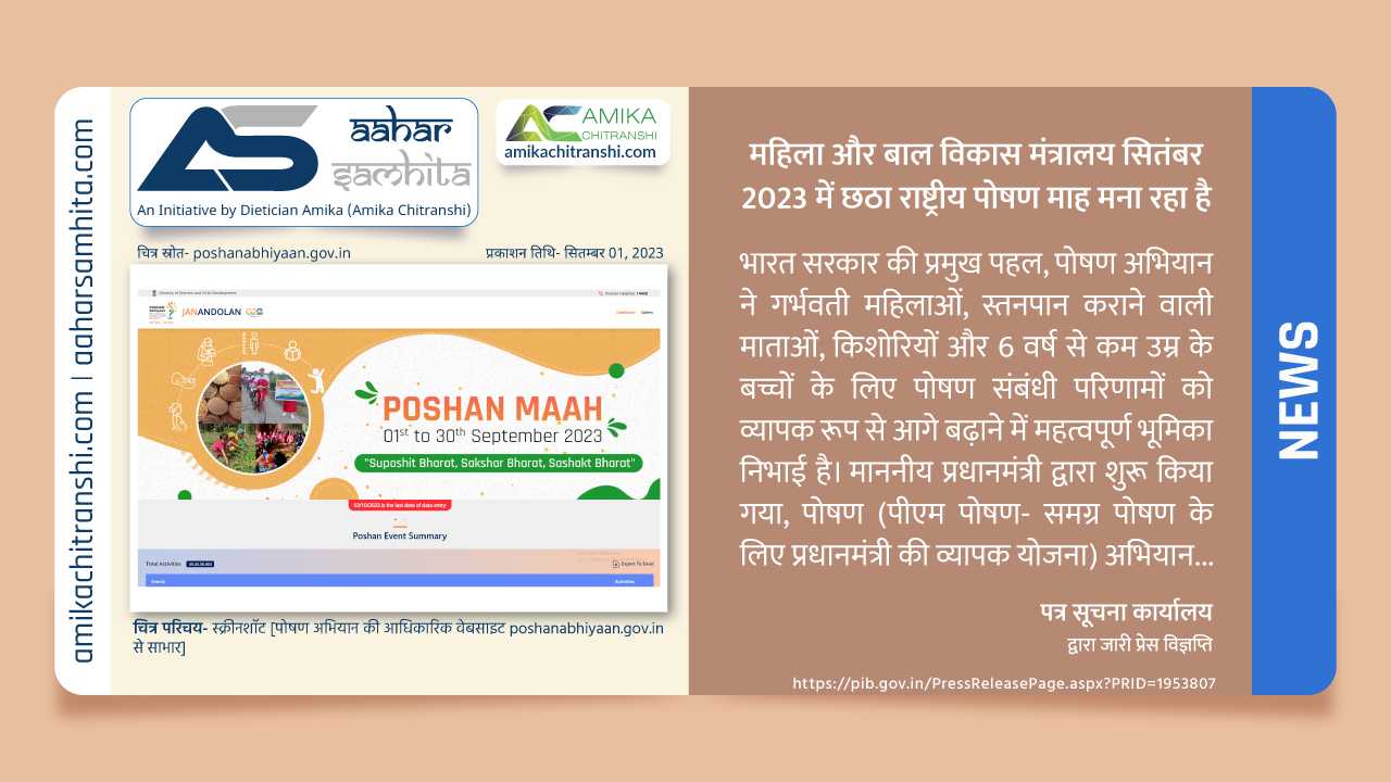 महिला और बाल विकास मंत्रालय सितंबर 2023 में छठा राष्ट्रीय पोषण माह मना रहा है