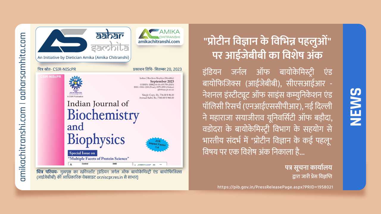 "प्रोटीन विज्ञान के विभिन्न पहलुओं" पर आईजेबीबी का विशेष अंक - Aahar Samhita by Dietician Amika
